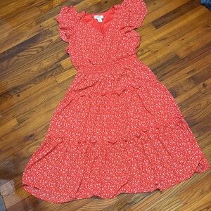 Jessica Simpson Coral/Red Floral Midi Dress with Ruffles